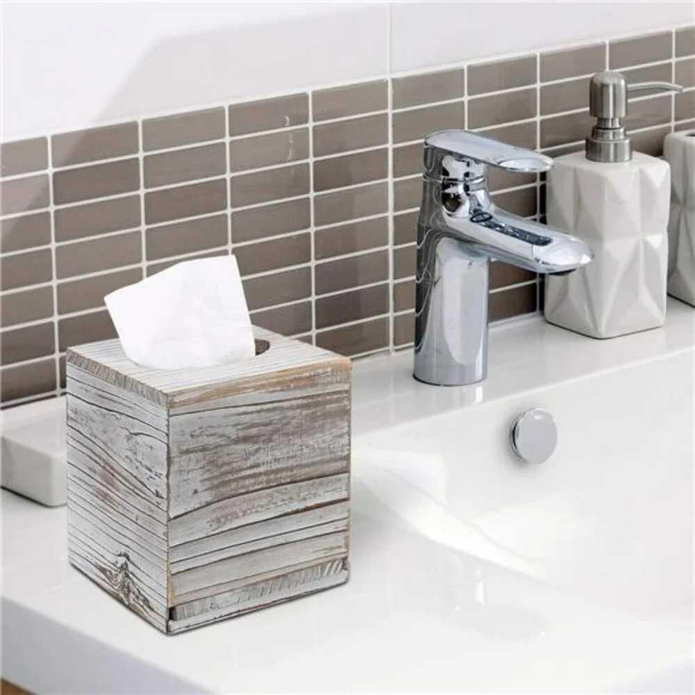 Wood square tissue box cover set of 2 decorative holder for bathroom bedroom off